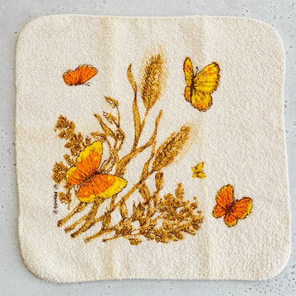 Vintage Franco Bath Washcloth 70s Orange Yellow Butterfly Cotton